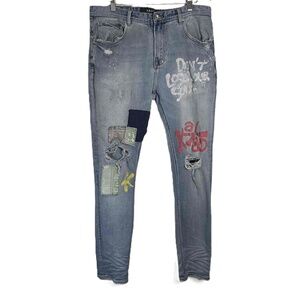 Akoo Mens Blue Distressed Patchwork Embroidered Casual Denim‎ Jeans 38